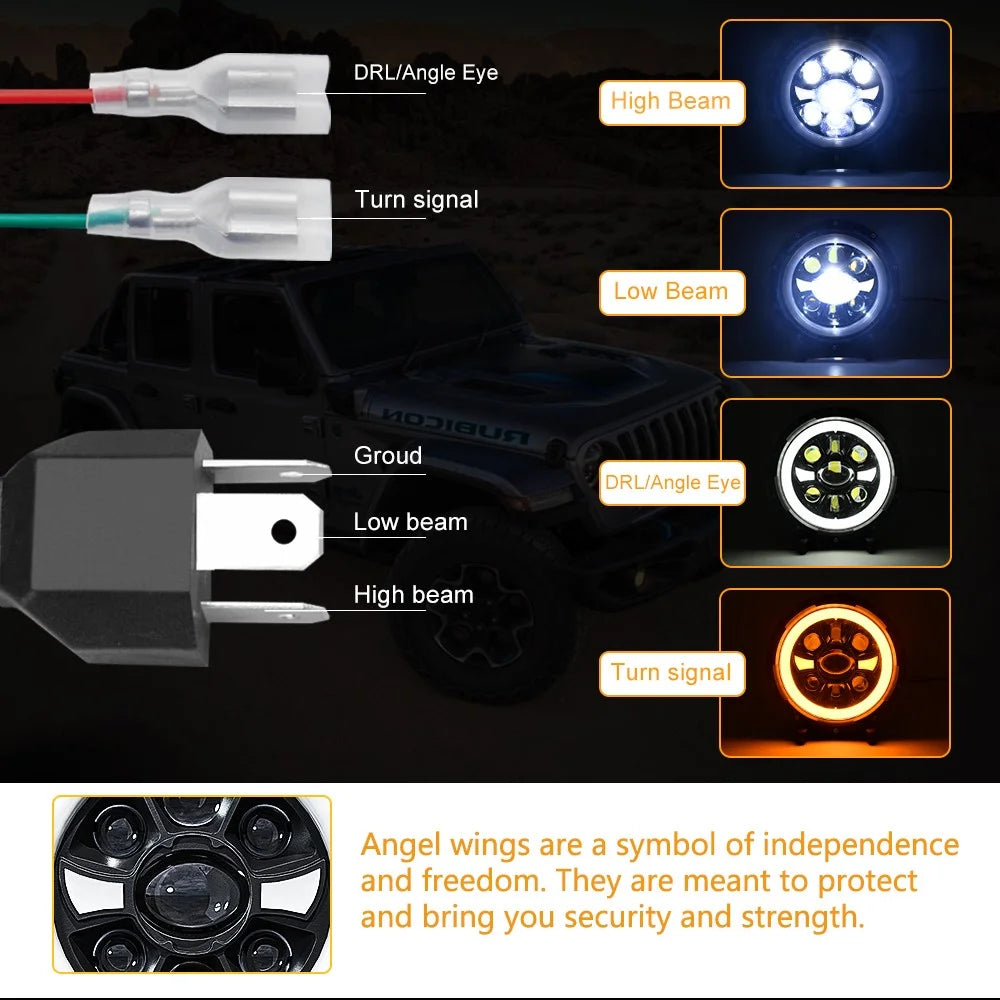 R9 Dual Angel Eye 7 Inch H4 LED Headlight IP67 Waterproof High Low Beam Car Driving Lamp - 7