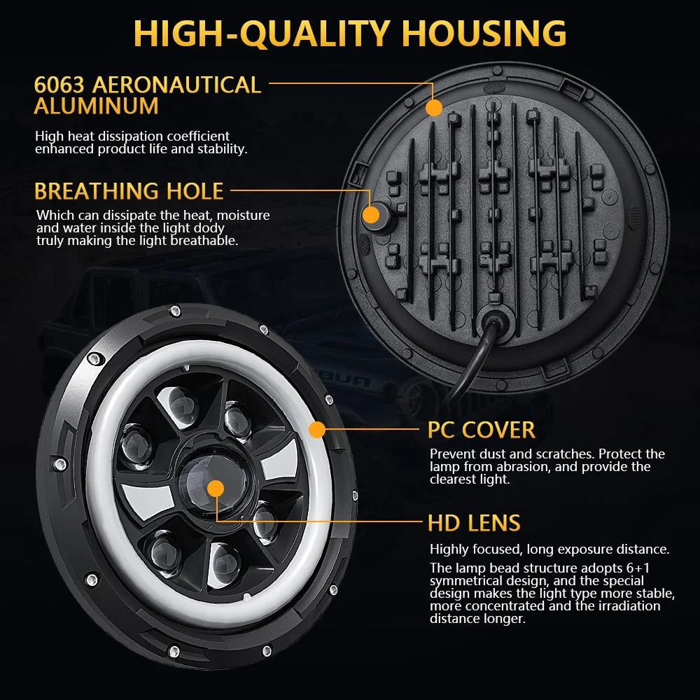 R9 Dual Angel Eye 7 Inch H4 LED Headlight IP67 Waterproof High Low Beam Car Driving Lamp with Connection Cable - 5