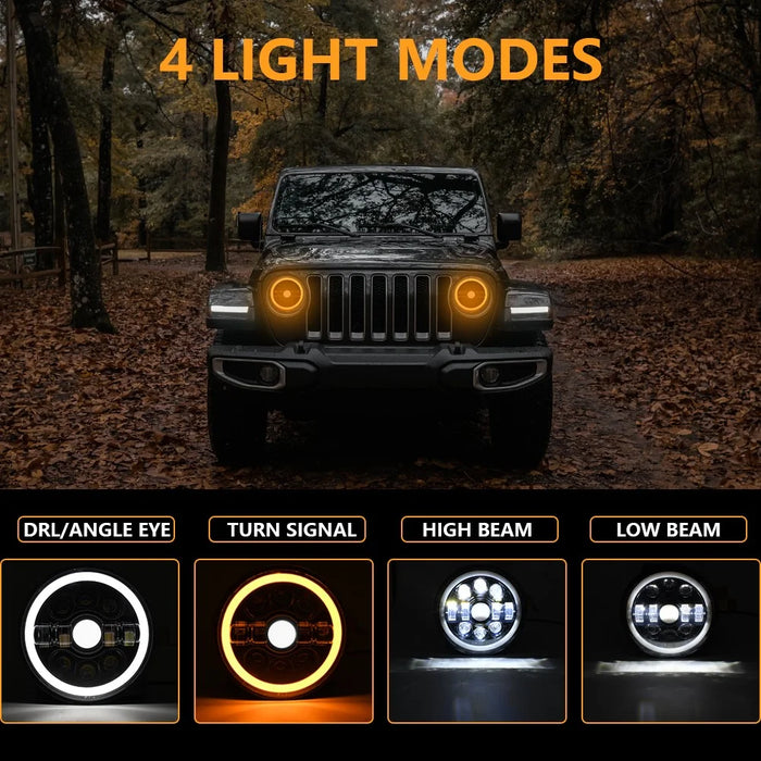 R7 Dual Angel Eye 7 Inch H4 LED Headlight 4 Modes IP67 Waterproof High Low Beam Car Driving Lamp - 5