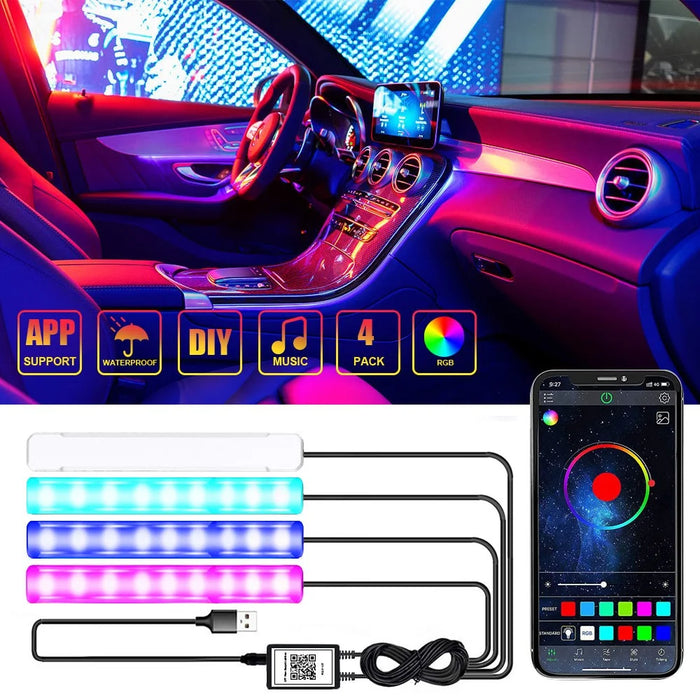 4 In 1 Car Interior Lights App Control Bluetooth-Compatible LED RGB Music Sync Ambient Lighting Kit - 2
