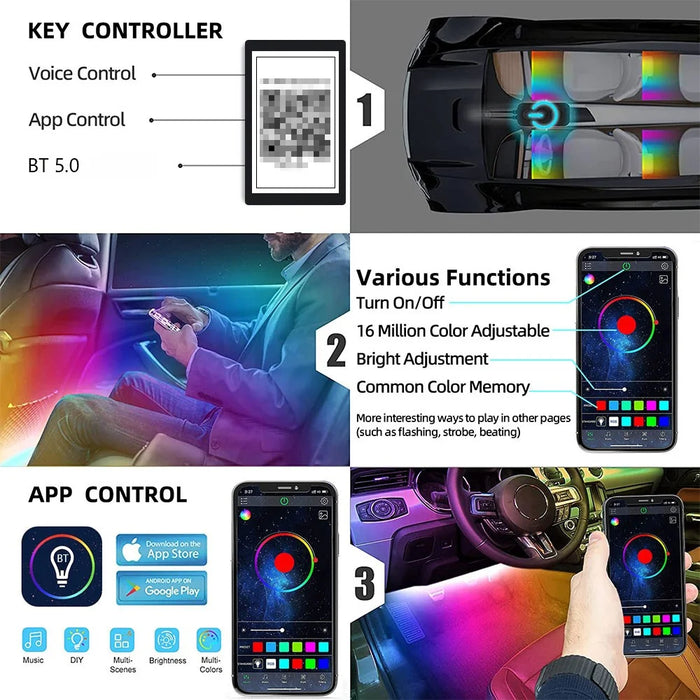 4 In 1 Car Interior Lights App Control Bluetooth-Compatible LED RGB Music Sync Ambient Lighting Kit - 3
