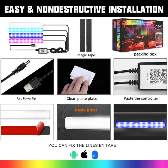 4 In 1 Car Interior Lights App Control Bluetooth-Compatible LED RGB Music Sync Ambient Lighting Kit - 5