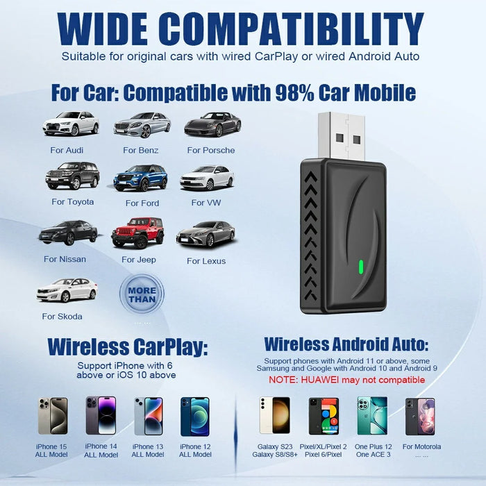 Wireless CarPlay Android Auto 2 in 1 Adapter for Car Navigation USB Dongle - with Type-C Adapter - 7