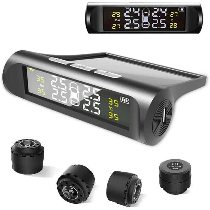 TPMS Tire Pressure Monitor System Solar Powered Wireless Car Tyre Sensor High Low Pressure Alert - 1