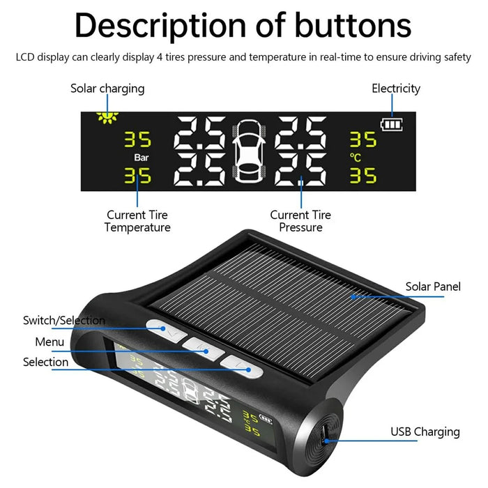 TPMS Tire Pressure Monitor System Solar Powered Wireless Car Tyre Sensor High Low Pressure Alert - 2