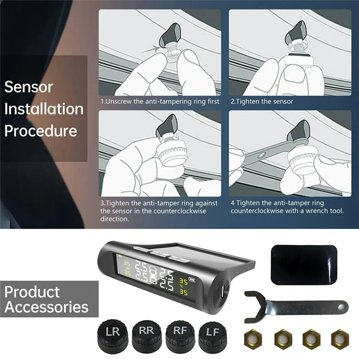 TPMS Tire Pressure Monitor System Solar Powered Wireless Car Tyre Sensor High Low Pressure Alert - 6