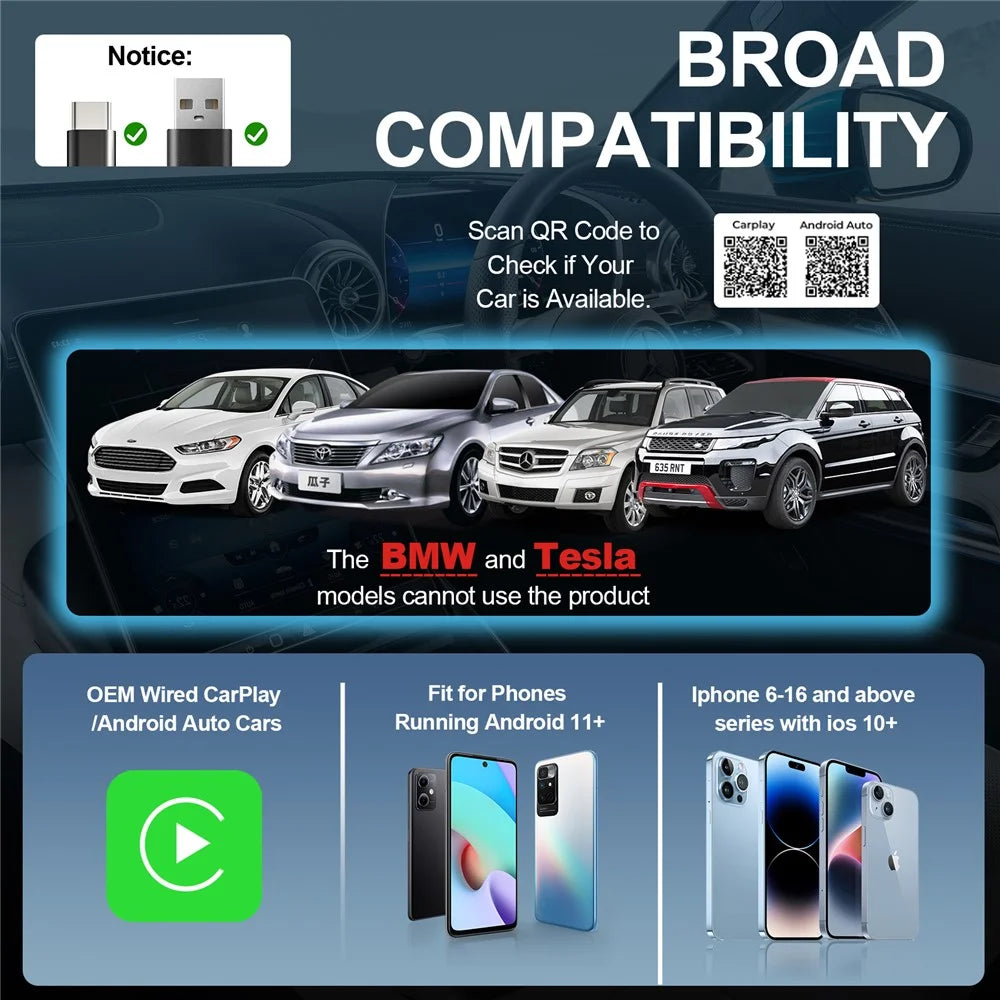 2 in 1 Wireless CarPlay Android Auto Adapter for iPhone Android Phones Built-In CarPlay Android Auto Vehicles - 4