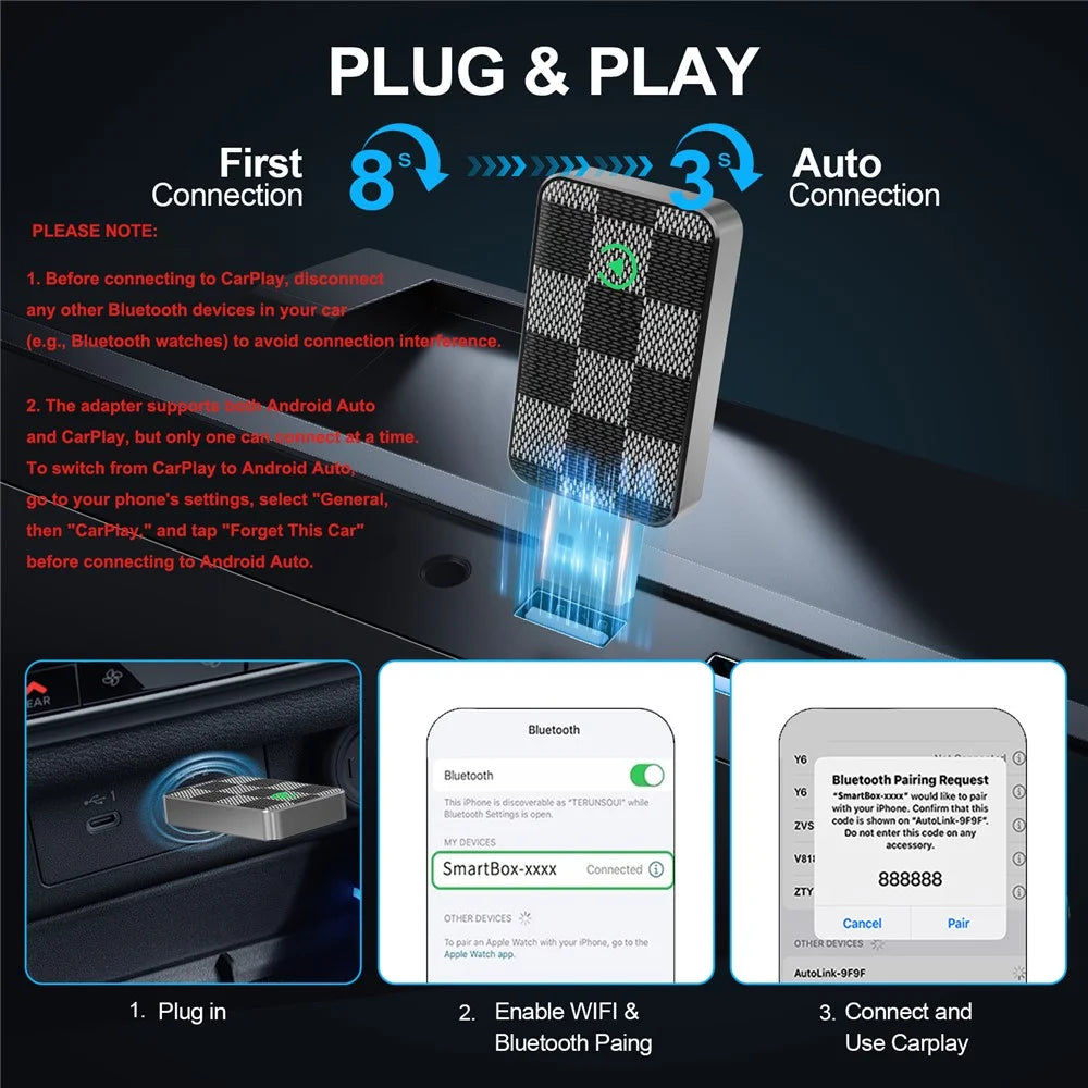 2 in 1 Wireless CarPlay Android Auto Adapter for iPhone Android Phones Built-In CarPlay Android Auto Vehicles - 5