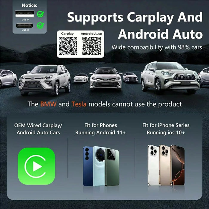 Mini 2 in 1 Wireless CarPlay Android Auto Adapter for Built-In Carplay / Android Auto Vehicles - Black - 4