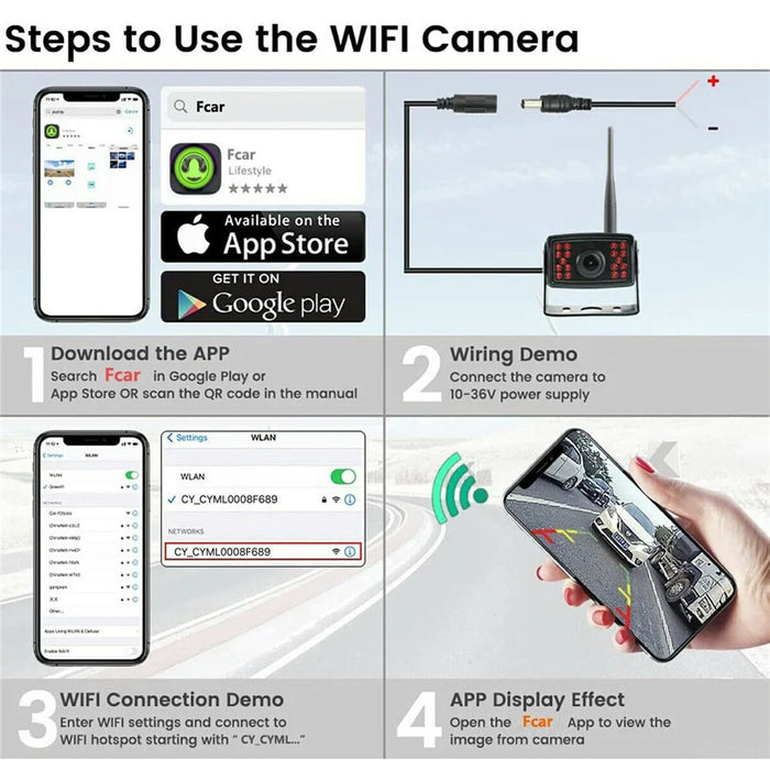 W105 For Vehicle Wireless Backup Camera 18 LED Night Vision HD 1080P IP67 Waterproof Wide Angle WiFi Cam - 7