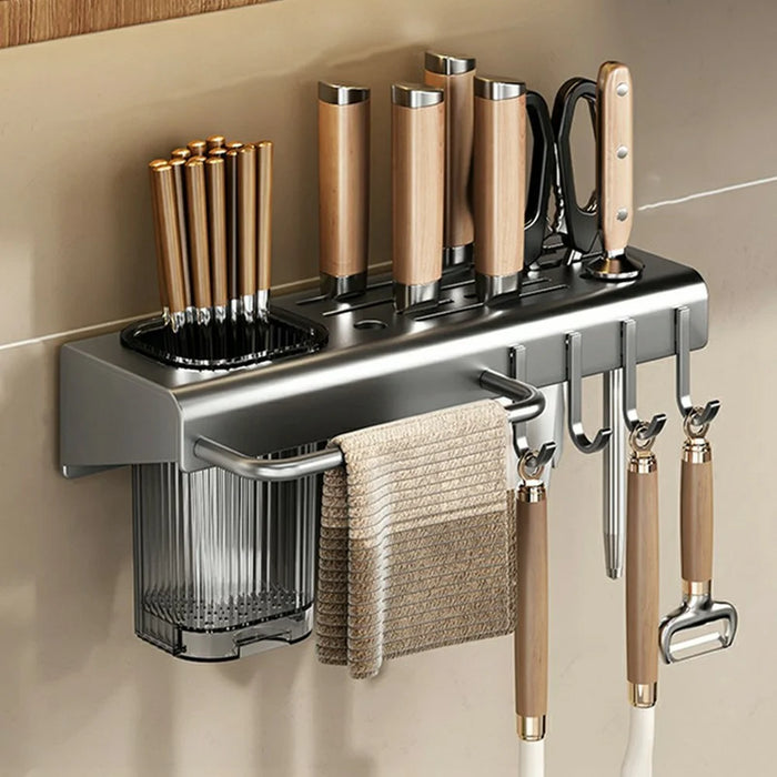 30cm Kitchen Organizer Rack Wall Mounted Spice Holder Knife Storage Towel Bar Multifunction Shelf - Tarnish - 1