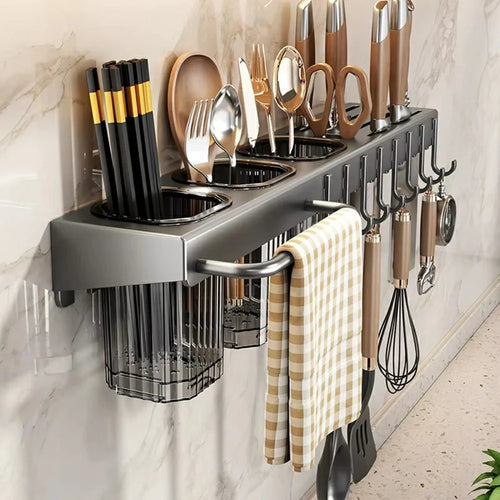 50cm Kitchen Organizer Rack Wall Mounted Spice Holder Knife Storage Towel Bar Multifunction Shelf - Tarnish - 1