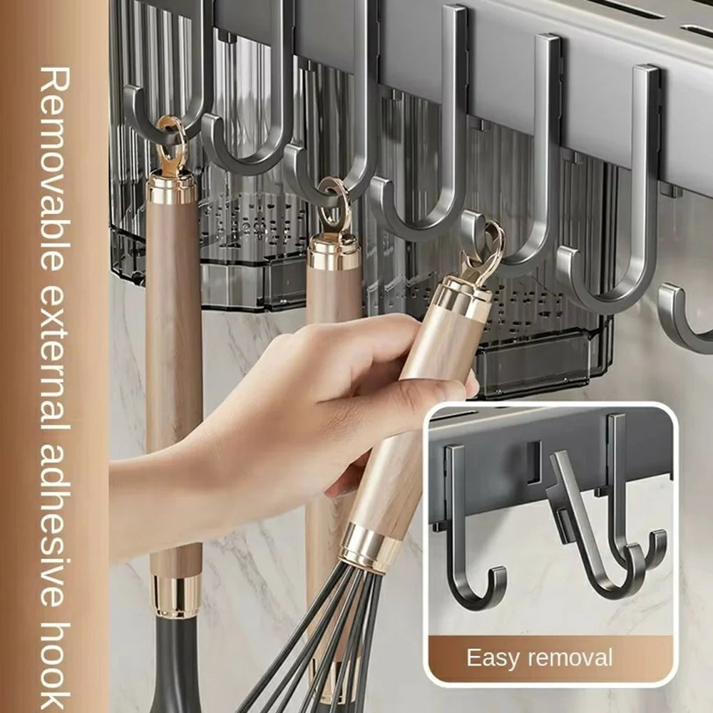 50cm Kitchen Organizer Rack Wall Mounted Spice Holder Knife Storage Towel Bar Multifunction Shelf - Tarnish - 2