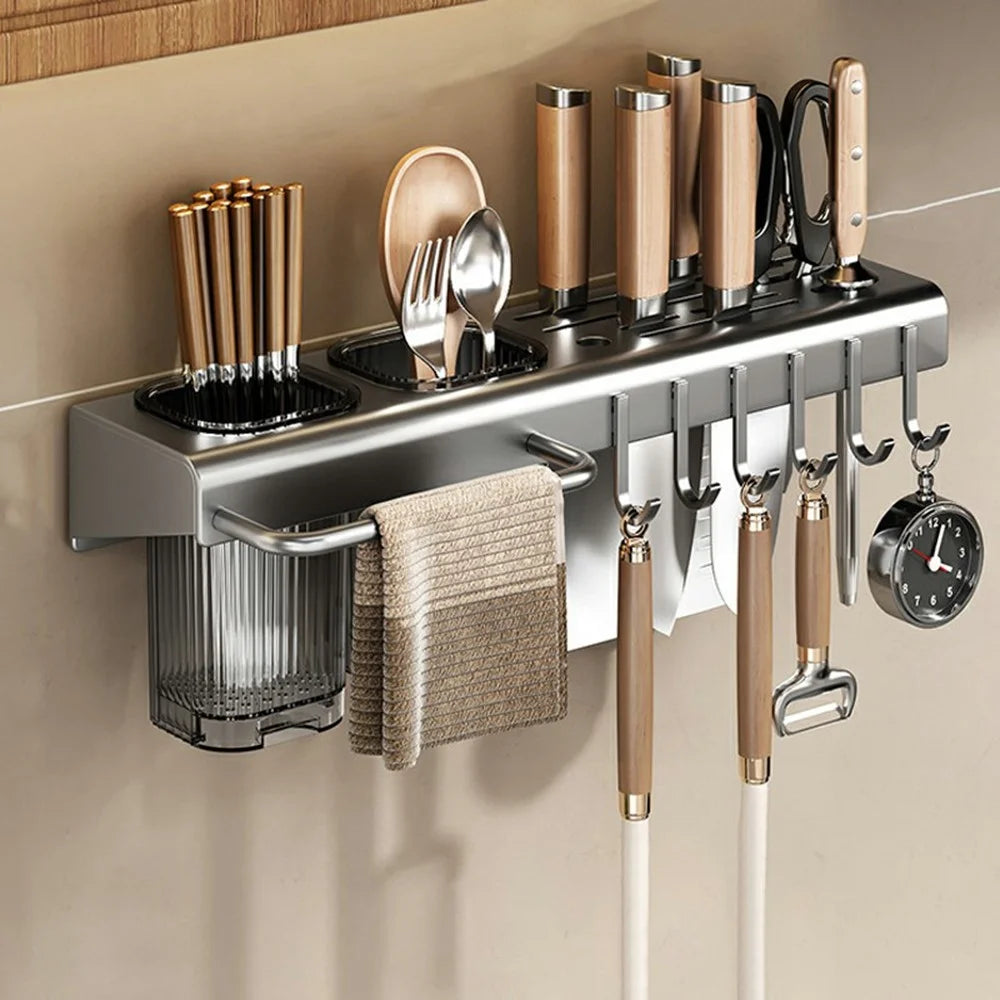 40cm Kitchen Organizer Rack Wall Mounted Spice Holder Knife Storage Towel Bar Multifunction Shelf - Tarnish - 1