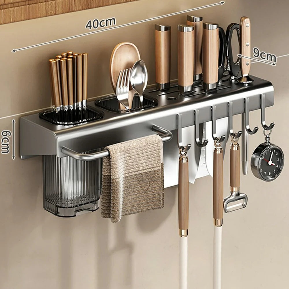 40cm Kitchen Organizer Rack Wall Mounted Spice Holder Knife Storage Towel Bar Multifunction Shelf - Tarnish - 5