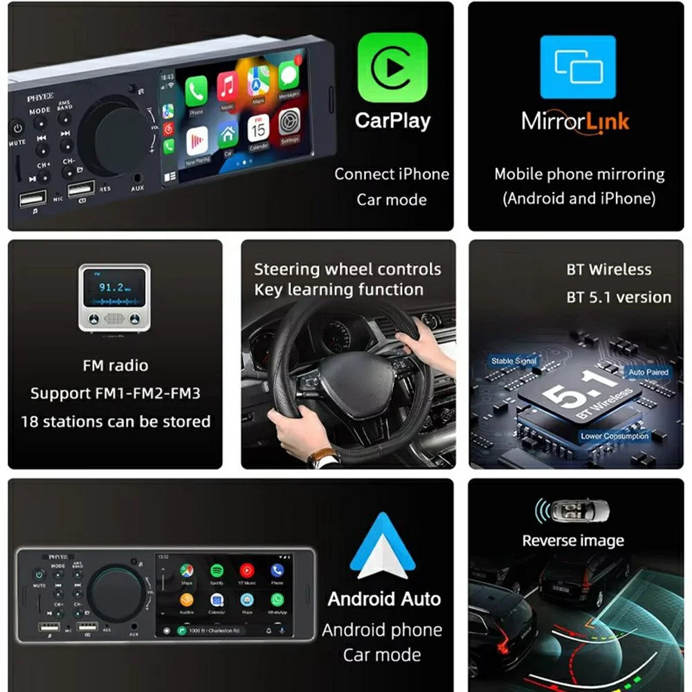 F7805C Wired CarPlay 4.1 Inch Touch Screen MP5 Car Radio Bluetooth-Compatible SD AUX USB 7 Color Lights Multimedia Player - 5