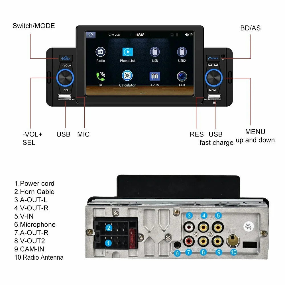 SW-151C Wired CarPlay 5 Inch Touch Screen MP5 Car Radio Bluetooth-Compatible Multimedia Player - 7