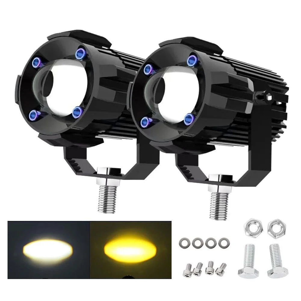 2Pcs Motorcycle LED Spotlight Aluminum Shell White Yellow Light High Power Headlight with Cooling Fan - 1