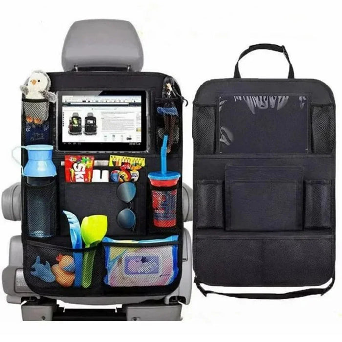 600D Oxford Fabric Car Seat Back Organizer with Tablet Holder Multi Pocket Storage Bag Kick Mat - Grey - 2