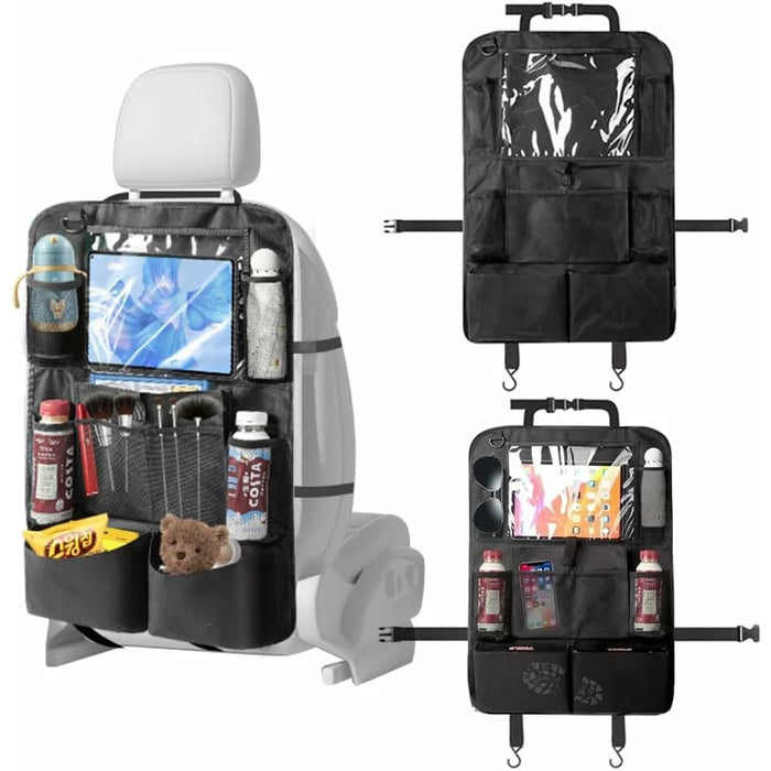 600D Oxford Fabric Car Seat Back Organizer with Tablet Holder Multi Pocket Storage Bag Kick Mat - Grey - 3