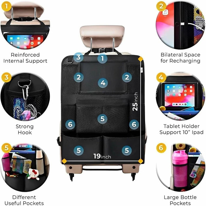 600D Oxford Fabric Car Seat Back Organizer with Tablet Holder Multi Pocket Storage Bag Kick Mat - Grey - 4