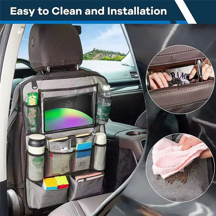 600D Oxford Fabric Car Seat Back Organizer with Tablet Holder Multi Pocket Storage Bag Kick Mat - Grey - 6