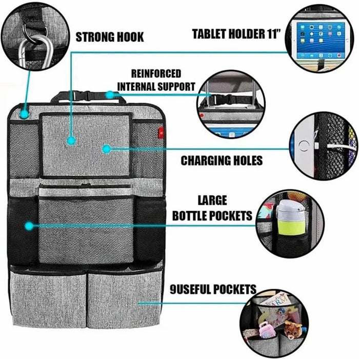 600D Oxford Fabric Car Seat Back Organizer with Tablet Holder Multi Pocket Storage Bag Kick Mat - Grey - 7