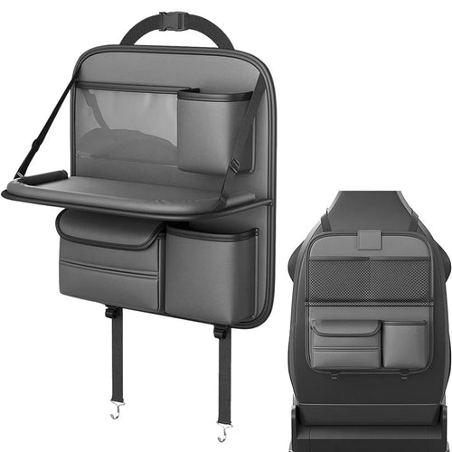 Car Seat Back Organizer Multi Pocket Storage Bag Waterproof PU Leather Kick Mat with Foldable Table - 1
