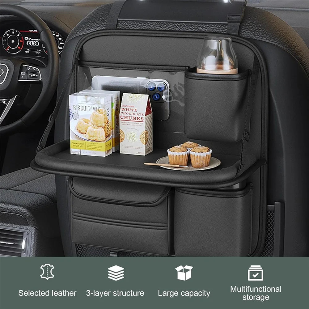 Car Seat Back Organizer Multi Pocket Storage Bag Waterproof PU Leather Kick Mat with Foldable Table - 2