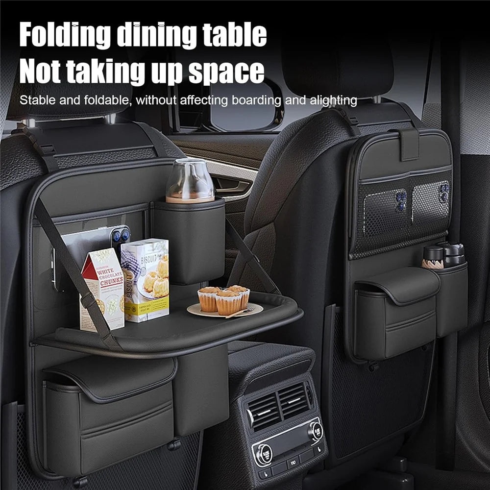 Car Seat Back Organizer Multi Pocket Storage Bag Waterproof PU Leather Kick Mat with Foldable Table - 3