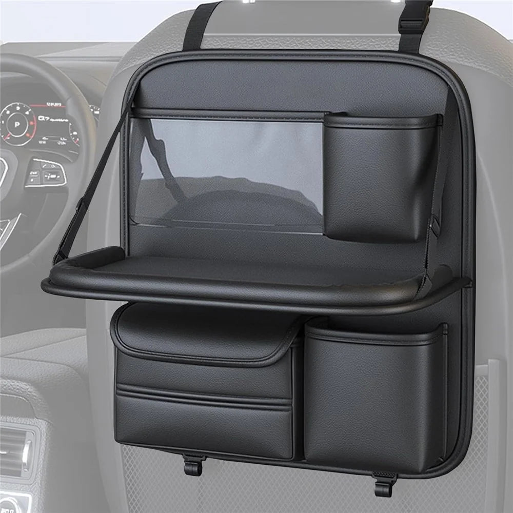 Car Seat Back Organizer Multi Pocket Storage Bag Waterproof PU Leather Kick Mat with Foldable Table - 4