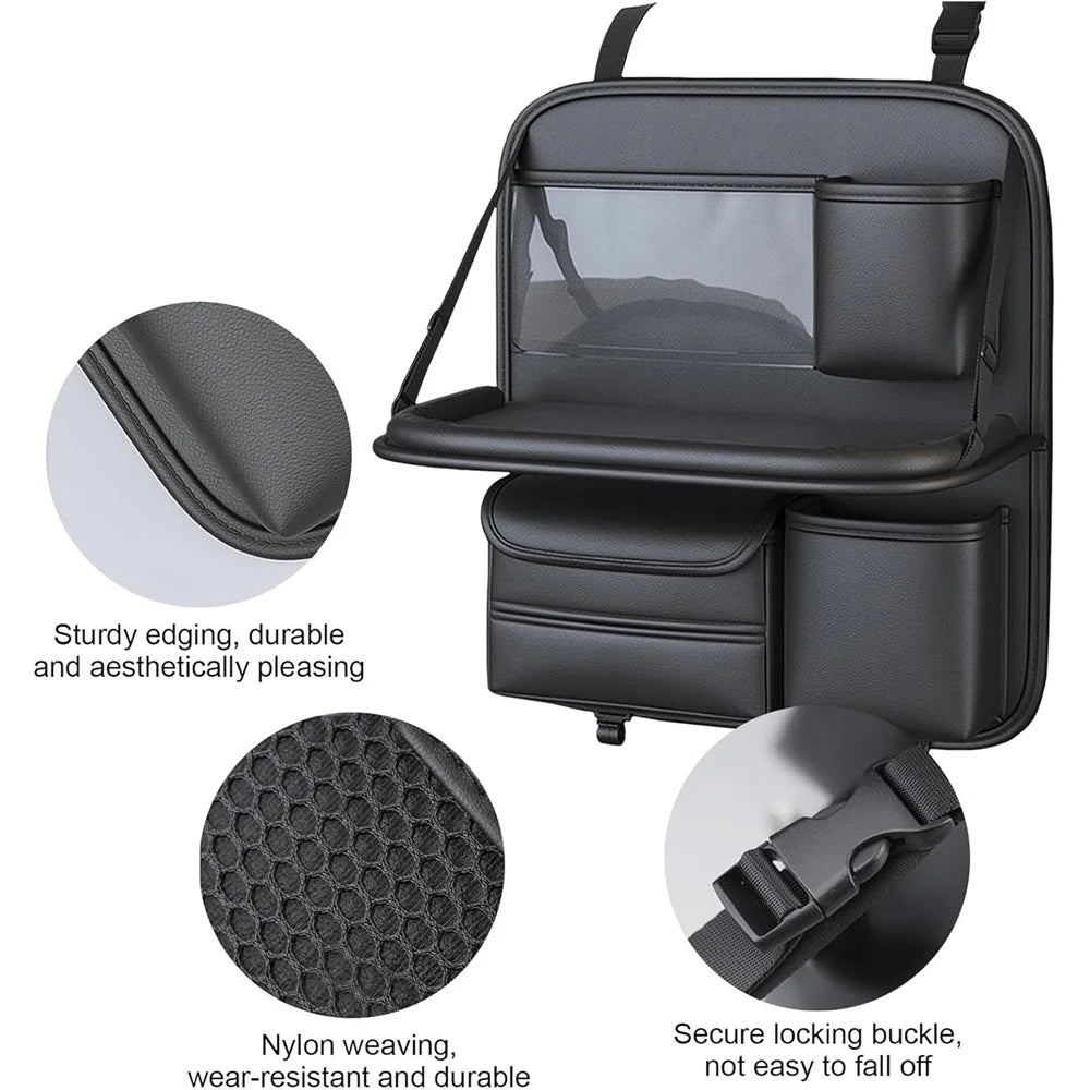 Car Seat Back Organizer Multi Pocket Storage Bag Waterproof PU Leather Kick Mat with Foldable Table - 5