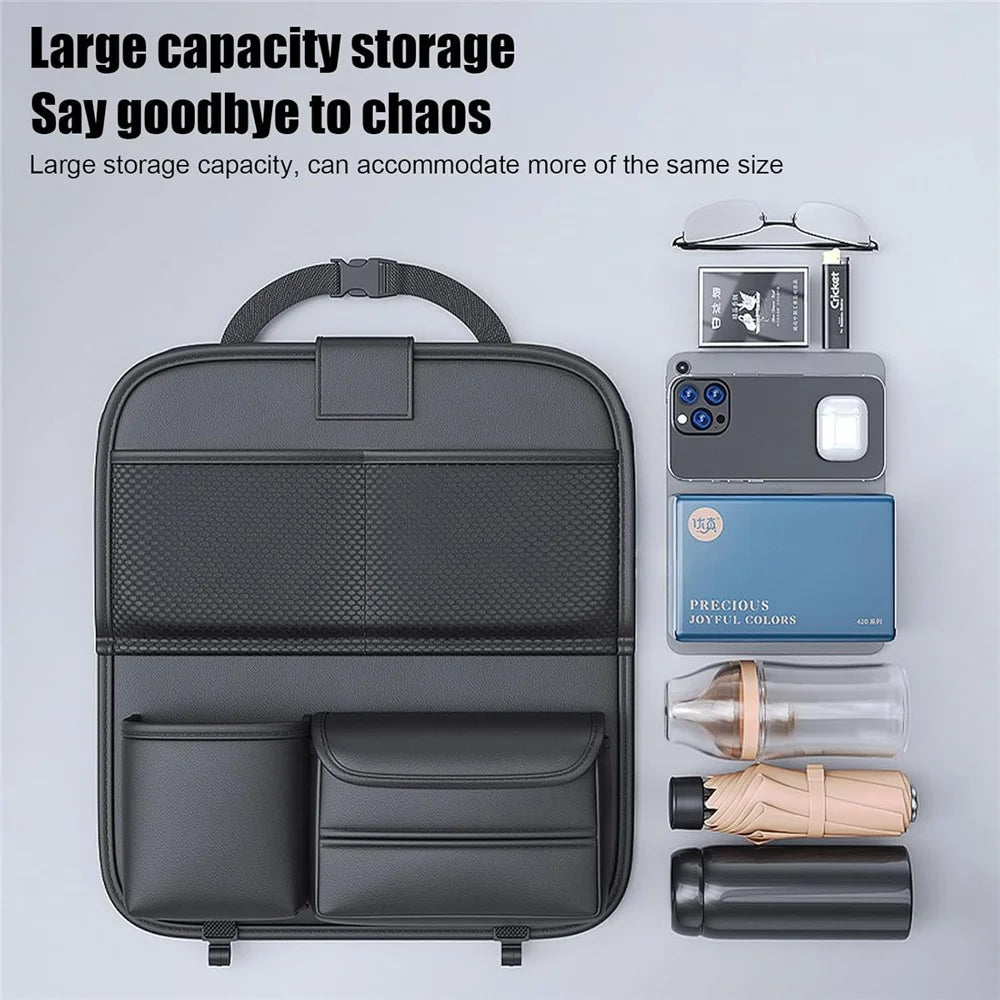 Car Seat Back Organizer Multi Pocket Storage Bag Waterproof PU Leather Kick Mat with Foldable Table - 6