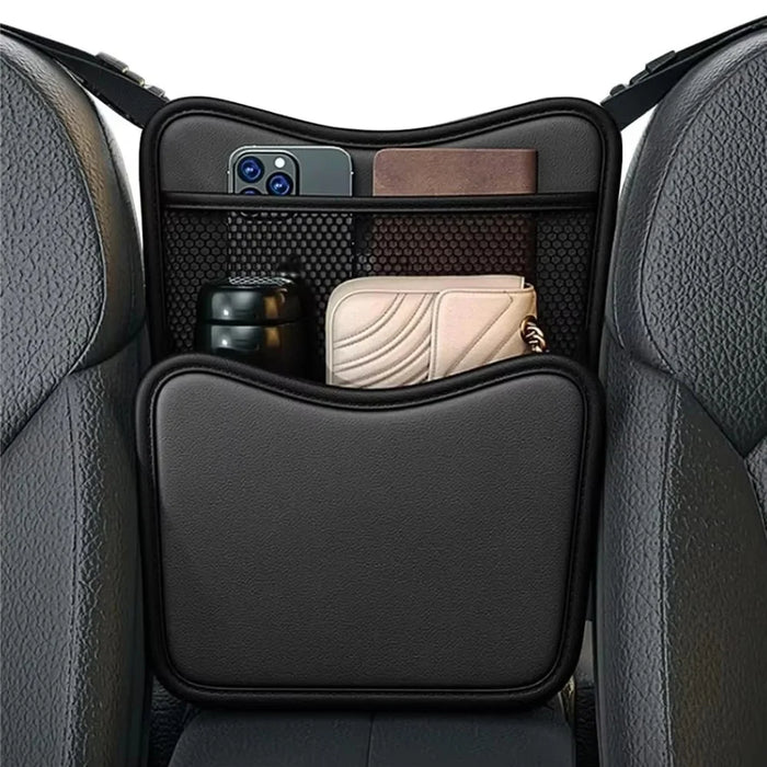 Universal Car Seat Back Organizer PU Leather Storage Bag Center Hanger Between Seats - Black - 3