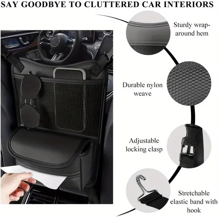 Universal Car Seat Back Organizer PU Leather Storage Bag Center Hanger Between Seats - Black - 5