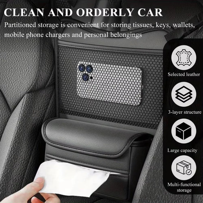 Universal Car Seat Back Organizer PU Leather Storage Bag Center Hanger Between Seats - Black - 6