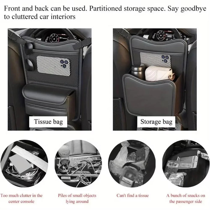 Universal Car Seat Back Organizer PU Leather Storage Bag Center Hanger Between Seats - Black - 7