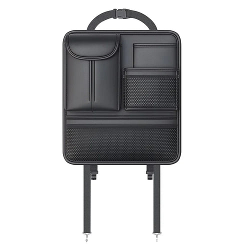 Car Seat Back Organizer Waterproof PU Leather Tissue Holder Multi-Pocket Storage Bag Kick Mat - Black - 1