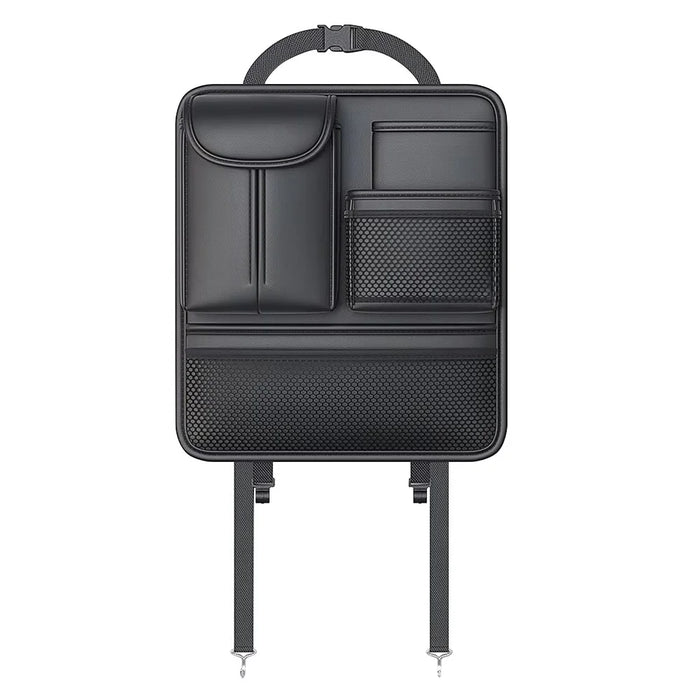 Car Seat Back Organizer Waterproof PU Leather Tissue Holder Multi-Pocket Storage Bag Kick Mat - Black - 1