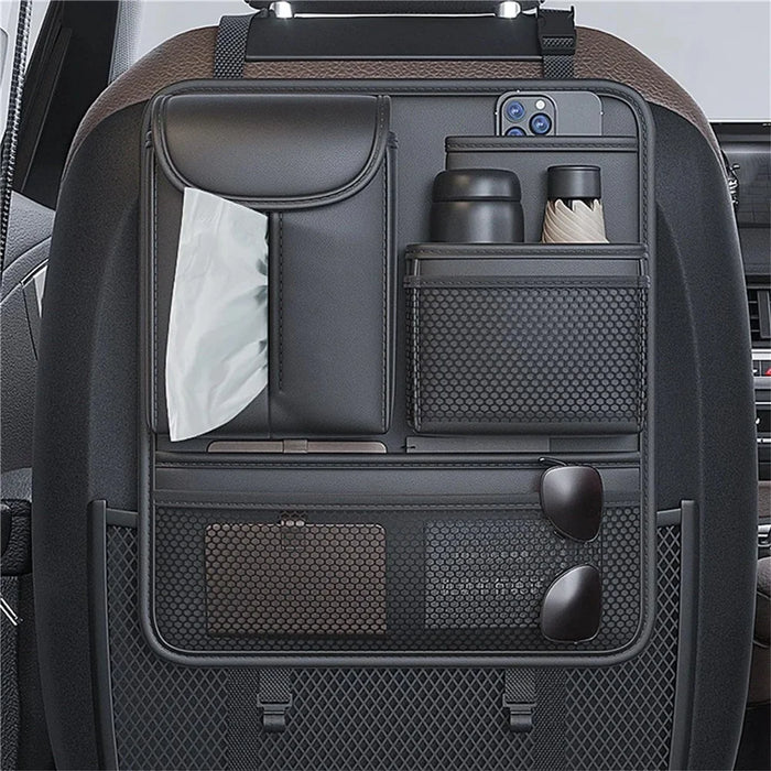Car Seat Back Organizer Waterproof PU Leather Tissue Holder Multi-Pocket Storage Bag Kick Mat - Black - 3