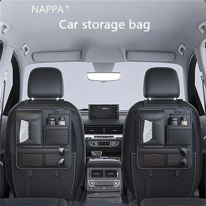 Car Seat Back Organizer Waterproof PU Leather Tissue Holder Multi-Pocket Storage Bag Kick Mat - Black - 5