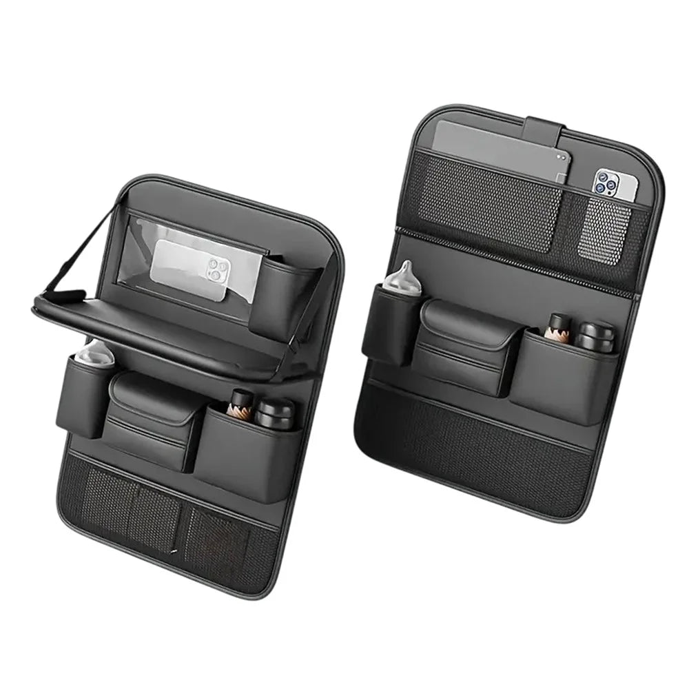 Nappa Texture PU Leather Car Backseat Storage Bag Multi Pocket Seat Organizer with Folding Tray - Black - 1
