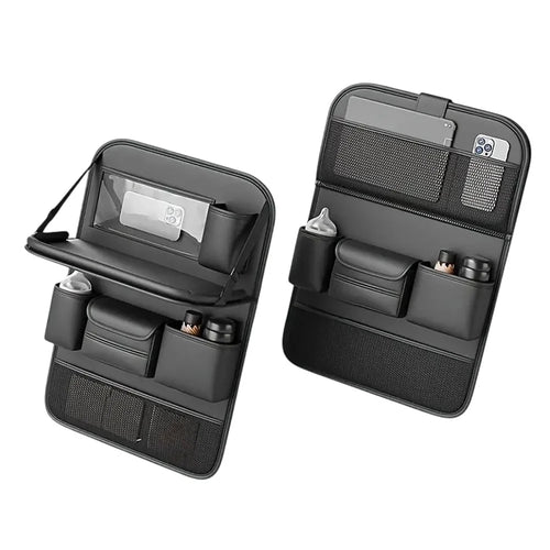 Nappa Texture PU Leather Car Backseat Storage Bag Multi Pocket Seat Organizer with Folding Tray - Black - 1