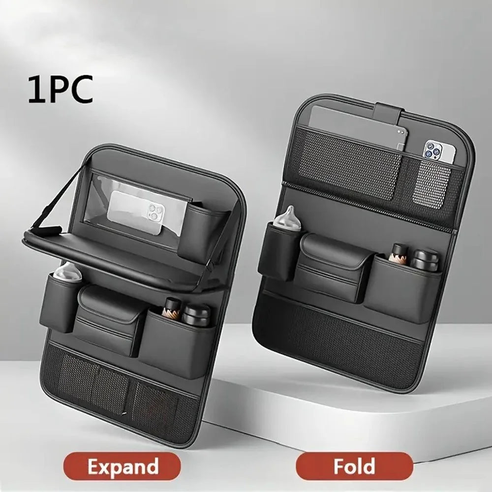 Nappa Texture PU Leather Car Backseat Storage Bag Multi Pocket Seat Organizer with Folding Tray - Black - 3