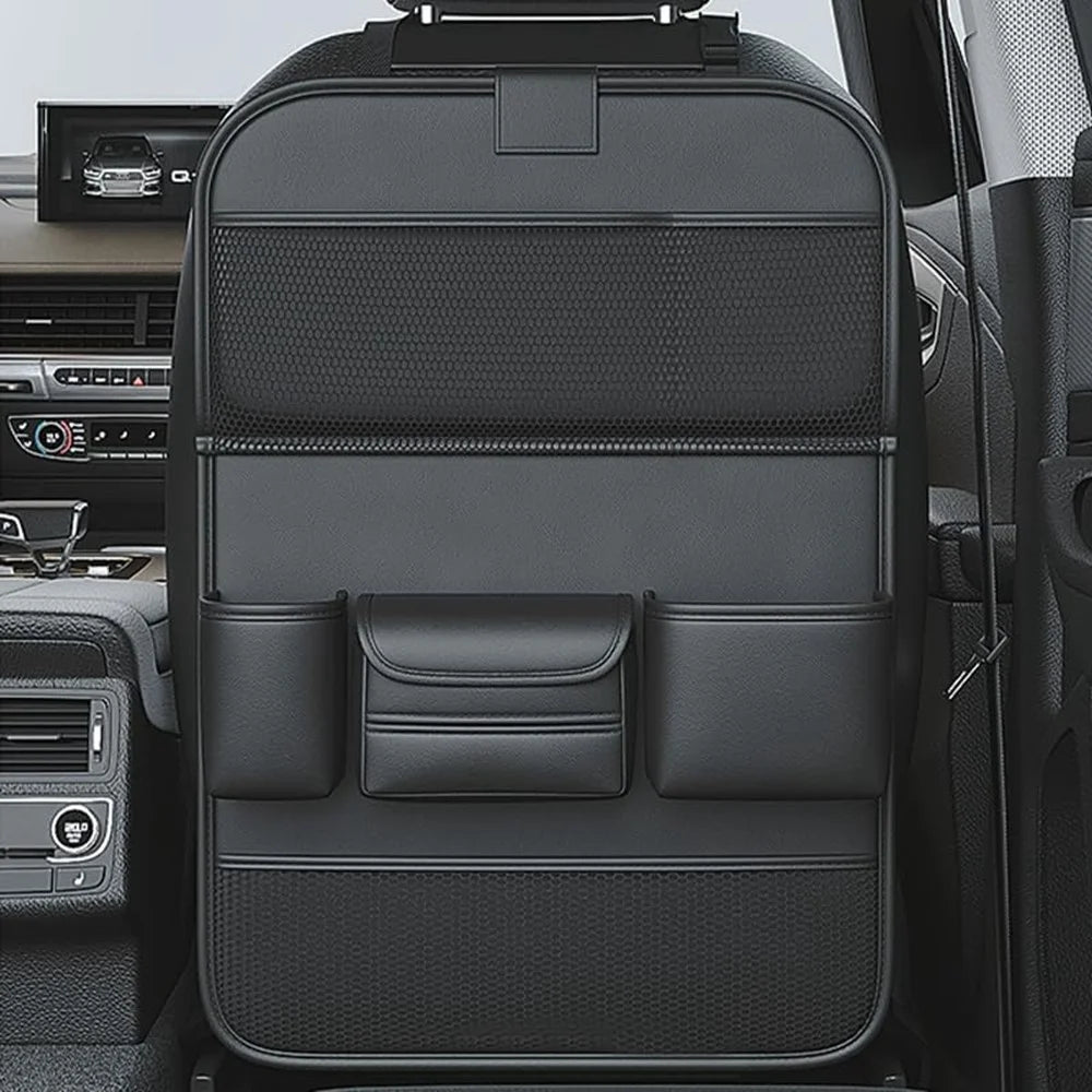 Nappa Texture PU Leather Car Backseat Storage Bag Multi Pocket Seat Organizer with Folding Tray - Black - 4