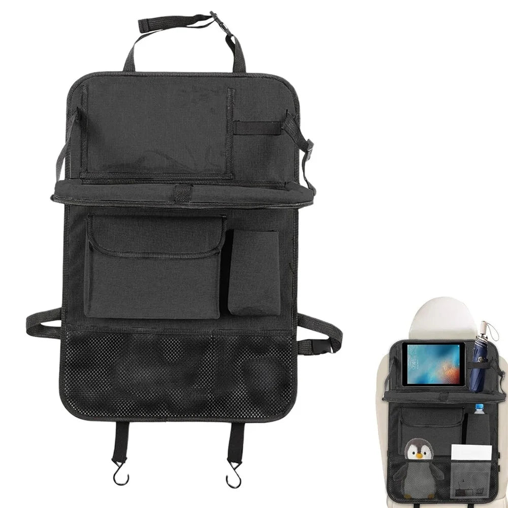 Universal Car Seat Back Organizer Oxford Fabric Multi-Pocket Storage Bag with Folding Tray - Black - 1