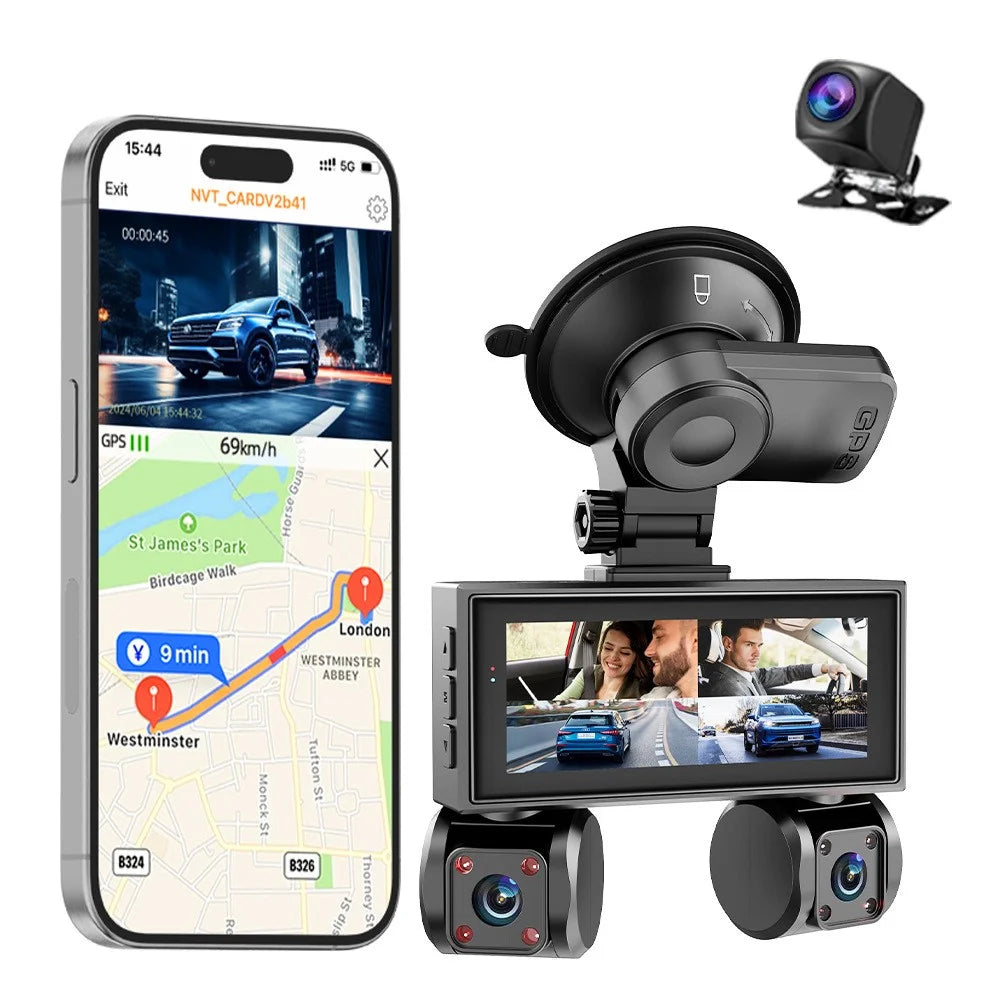 W3 WiFi 4 Channel Dash Cam 2K Night Vision Quad Lens Car DVR Vehicle Driving Recorder with GPS Module + Step-Down Cable - 1