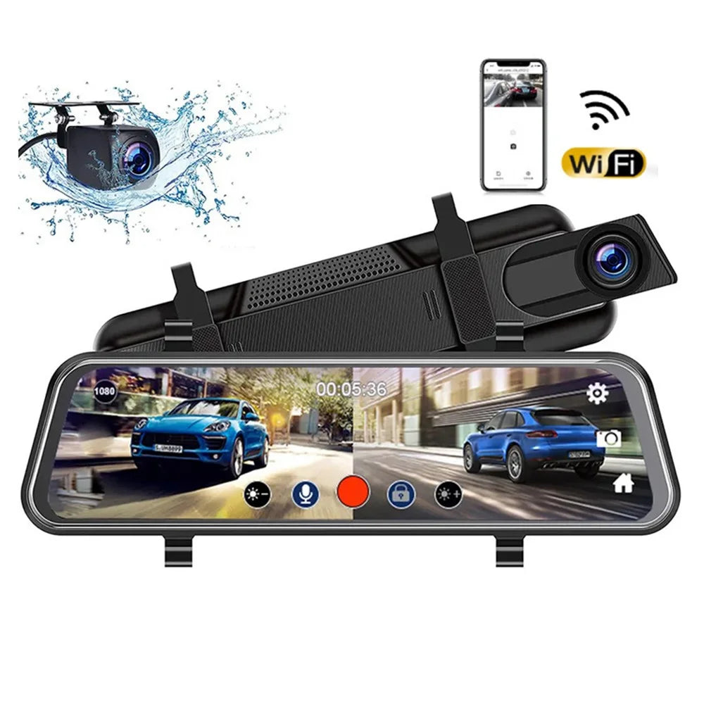 10 Inch Full Screen 2K Rearview WiFi Dash Cam Dual Lens Reverse Parking Camera, with 32GB Memory Card - 1