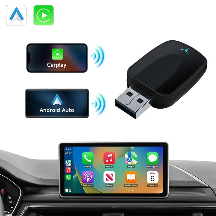 AB051E 2 in 1 CarPlay Android Auto Wireless Adapter Bluetooth-Compatible WiFi Connection USB Dongle - Black - 2