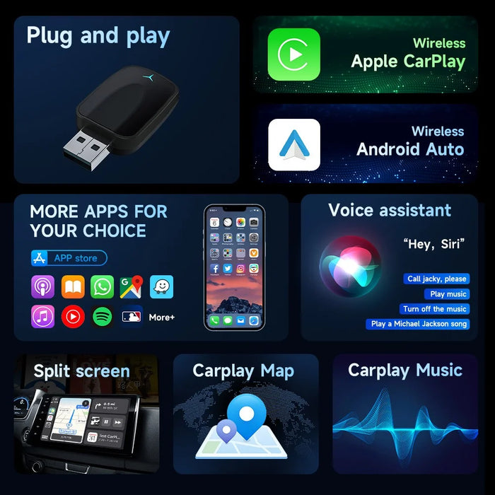 AB051E 2 in 1 CarPlay Android Auto Wireless Adapter Bluetooth-Compatible WiFi Connection USB Dongle - Black - 7